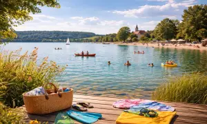Sommerliche Szene am See mit Badegästen, Booten und Strand. Picknickkorb und Badesachen im Vordergrund.