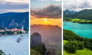 Drei Szenen Österreichs: Fluss mit Schiffen und Stadt, Berg bei Sonnenuntergang, türkiser See mit Wald.