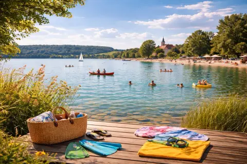 Sommerliche Szene am See mit Badegästen, Booten und Strand. Picknickkorb und Badesachen im Vordergrund.