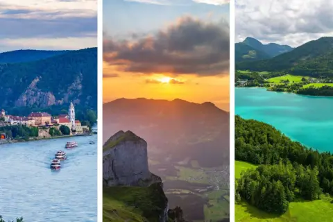 Drei Szenen Österreichs: Fluss mit Schiffen und Stadt, Berg bei Sonnenuntergang, türkiser See mit Wald.