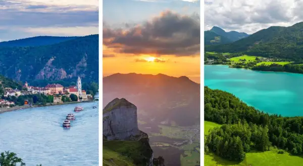 Drei Szenen Österreichs: Fluss mit Schiffen und Stadt, Berg bei Sonnenuntergang, türkiser See mit Wald.