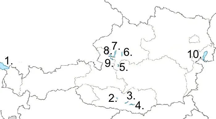 Karte der Seen Österreichs nach Bundesländern eingefärbt