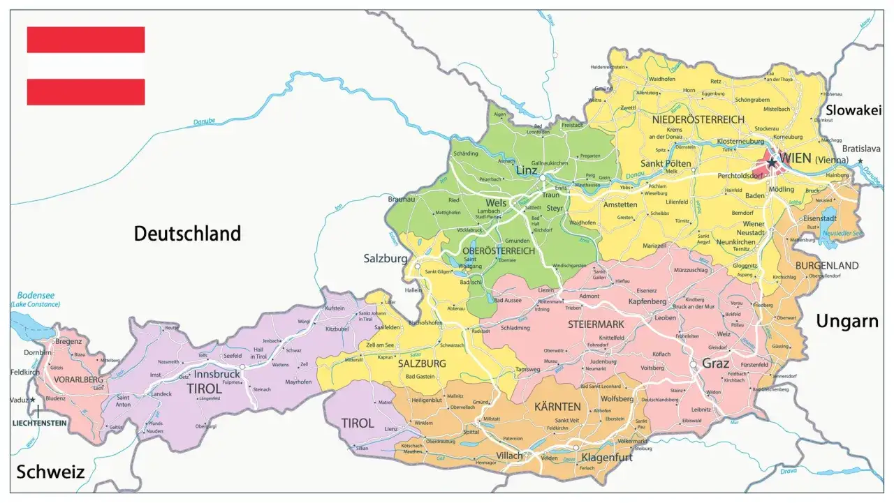 Karte der Seen &Ouml;sterreichs mit Regionen