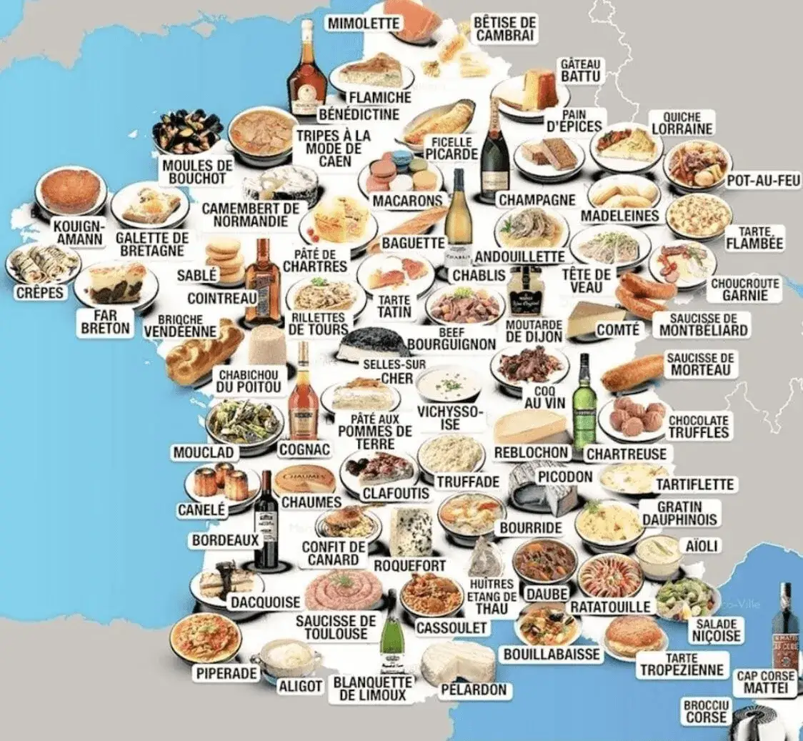 kulinarische Landkarte von Frankreich mit regionalen Spezialit&auml;ten