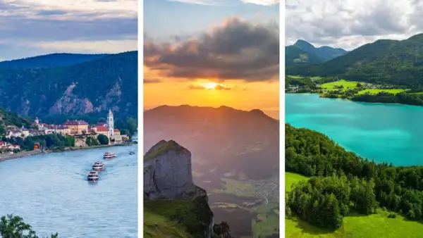 Drei Szenen Österreichs: Fluss mit Schiffen und Stadt, Berg bei Sonnenuntergang, türkiser See mit Wald.