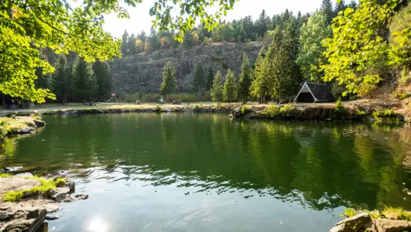 Grüner See mit Bäumen, Felsen und einem kleinen Unterstand am Ufer.